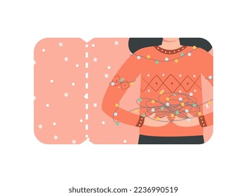 Holiday voucher mockup with a girl holding a garland. Illustration for online store, app, print or advertising