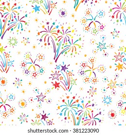 Holiday Wallpaper. Festive party background. Hand Drawn doodle Fireworks and Stars Seamless Pattern - Vector illustration