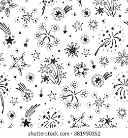 Holiday Wallpaper. Festive party background. Hand Drawn doodle Fireworks and Stars Seamless Pattern - Vector illustration. Black and white background