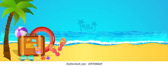 Alojamiento, diseño de banner web con vistas a una playa, palmera, bolsos de viaje, aletas y elementos de viaje. 