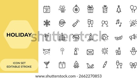 Holiday web icon set in line style for New Year and Merry Christmas. Editable stroke icons for winter, party, celebration, xmas, birthday, event, santa, snow, tree, mobile app, web, and more.