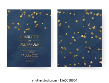 Holiday wedding invitation design cards with gold stars confetti.