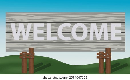 Holiday welcome sign wooden billboard with green playground vector illustration design background