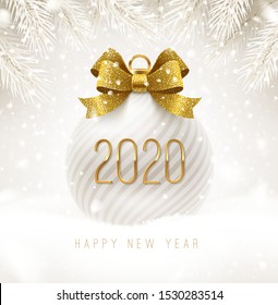 Holiday white bauble with glitter gold bow ribbon and New year 2020 number. Christmas ball on a snow. Vector illustration.