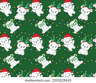 holiday white teddy bears in Christmas hats print