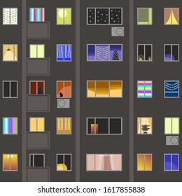 holiday Windows. vector illustration of house Windows with different lighting and decorations