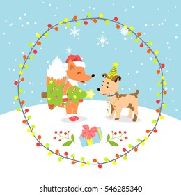 Holiday winter animals. Winter decoration forest. Animals in clothes. Happy New Year! Merry Christmas! Vector animation.