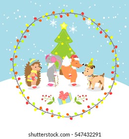Holiday winter animals. Winter decoration forest. Animals in clothes. Happy New Year! Merry Christmas! Vector animation.
