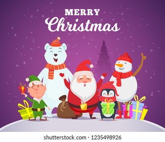 Holiday winter background. Christmas characters santa penguin white arctic bear character snow wildlife animals in cartoon style vector
