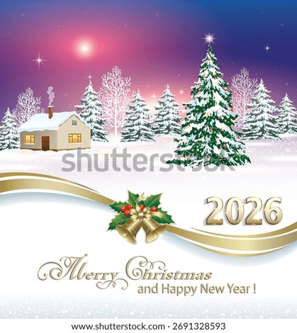 Holiday winter background with a Christmas tree. Happy New Year 2026 greeting card decorated with a gold ribbon and bells. Vector illustration 3d