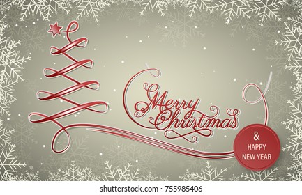 Holiday winter banner with snowflake frame. Merry Christmas and Happy New Year greeting card. Red Christmas tree and decorative headline with curves. Vector illustration.