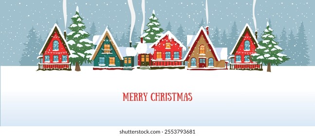 Holiday winter card with cabins. Amazing Christmas and New Year card. Art banner, poster, cover templates. Vector illustration