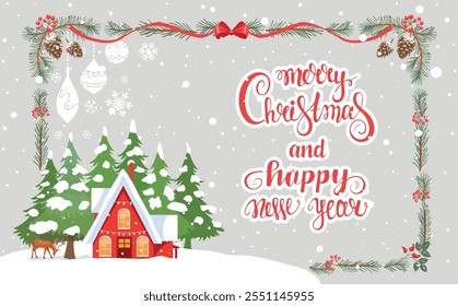 Holiday winter card with red house, fir trees and deer. Amazing Christmas and New Year card. Vector illustration