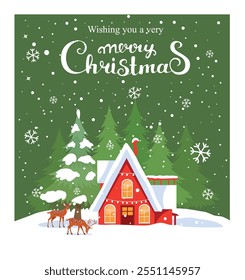 Holiday winter card with red house, fir trees and deer. Amazing Christmas and New Year card. Vector illustration