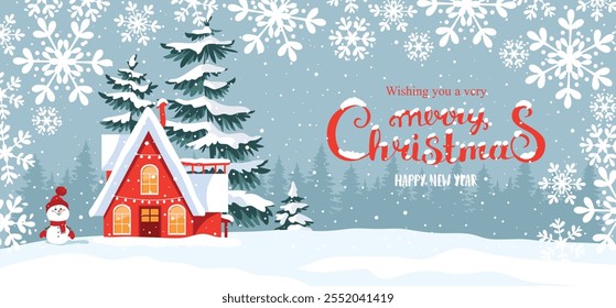 Holiday winter card with red house, fir trees and snowman with sample text. Amazing Christmas and New Year card. Vector illustration