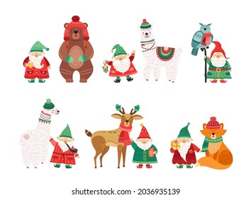 Holiday winter characters. Christmas dwarfs with animals in knit hats and scarves. Isolated scandi cartoon man with white beard vector set