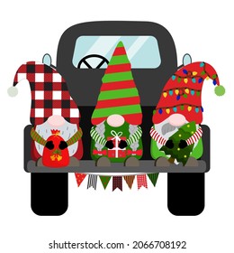 Holiday Winter Christmas Gnomes With Red Sack, Gift Box, Christmas Tree On Black Truck. Vector Illustration. Isolated On White Background.