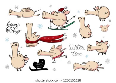 Holiday winter collection of cute doodle christmas characters in santa hats. Funny piggies - symbol of 2019 year. Christmas and new year lettering calligraphy. Hand drawn illustration. Festive card.