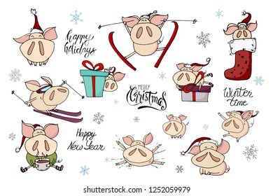 Holiday winter collection of cute doodle christmas characters in santa hats. Funny piggies - symbol of 2019 year. Christmas and new year lettering calligraphy. Hand drawn illustration. Festive card.