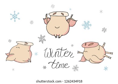 Holiday winter collection of cute doodle christmas piggy characters.  Symbol of 2019 year. Christmas and new year calligraphy. Hand drawn illustration, hand written lettering. Festive card design.