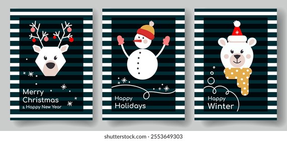 Holiday winter covers, posters or greeting cards set with winter animals, deer, bear, snowman on a dark blue striped background. Children's winter posters, postcards, cards, Holiday invitation. Vector