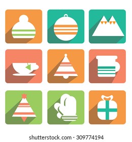 holiday, winter flat icons with long shadows, minimal art