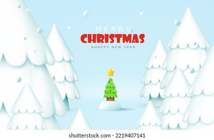 Holiday winter forest background. Christmas tree with christmas balls and star stands in the snowdrift. 3d xmas holiday decoration. Render New Year banner. 3d vector cartoon illustration