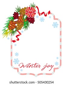 Holiday winter frame with pine branch, snow-flakes and cones. Vector clip art.