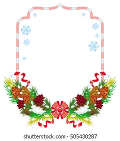 Holiday winter frame with pine branch, snow-flakes and cones. Vector clip art.