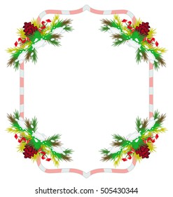 Holiday winter frame with pine branch, snow-flakes and cones. Vector clip art.