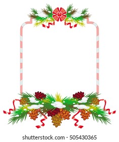 Holiday winter frame with pine branch, snow-flakes and cones. Vector clip art.