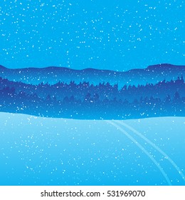 Holiday winter landscape background with forest mountain. Christmas and New Year design. Elegant vintage card. Vector illustration.