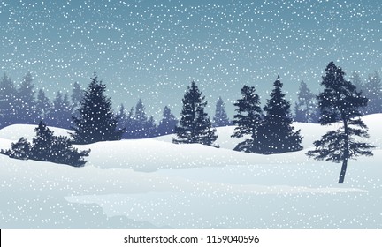 Holiday winter landscape background with pine trees on blue sky with snow fall, vector illustration