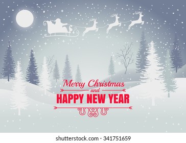 Holiday winter landscape background with Santa Claus on the sky with winter tree. Merry Christmas and Happy New Year. Vector. 