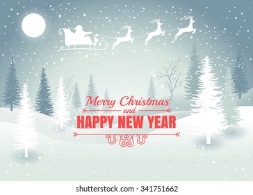 Holiday winter landscape background with Santa Claus on the sky with winter tree. Merry Christmas and Happy New Year. Vector. 