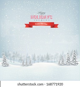 Holiday winter landscape background with winter tree. Vector. 