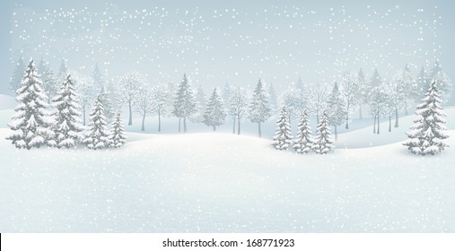 Holiday winter landscape background with winter tree. Vector. 