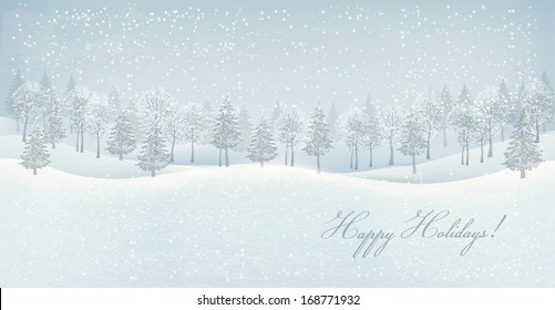 Holiday winter landscape background with winter tree. Vector. 