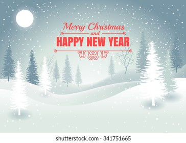 Holiday winter landscape background with winter tree. Merry Christmas and Happy New Year. Vector. 