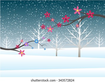 Holiday winter landscape background with tree