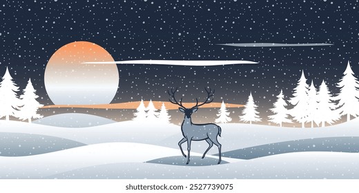Holiday winter landscape, cartoon nature, forest and snowfall, deer and setting sun, vector illustration