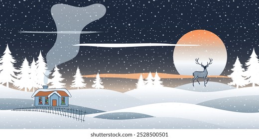 Winterferienlandschaft, Cartoon Natur, Hütte im Wald und Schneefall, Hirsch und untergehende Sonne, Vektorgrafik