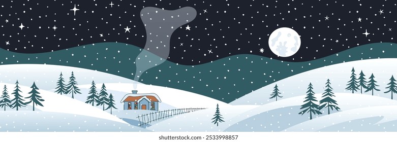 Winterferienlandschaft, Cartoon Natur, Hütte im Wald und Schneefall, Nacht und Mond, Vektorgrafik, Panoramablick