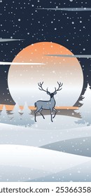 Holiday winter landscape, cartoon nature, vertical drawing, deer and setting sun, vector illustration