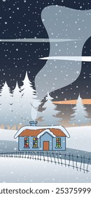 Winterferienlandschaft, Cartoon Natur, vertikale Zeichnung, Hütte im Wald und Schneefall, Vektorgrafik