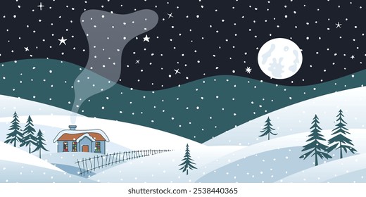 Winterferienlandschaft, Cartoon Natur, Hütte im Wald und Schneefall, untergehende Sonne, Vektorgrafik