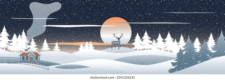 Winterferienlandschaft, Cartoon Natur, Hütte im Wald und Schneefall, Hirsch und untergehende Sonne, Vektorgrafik