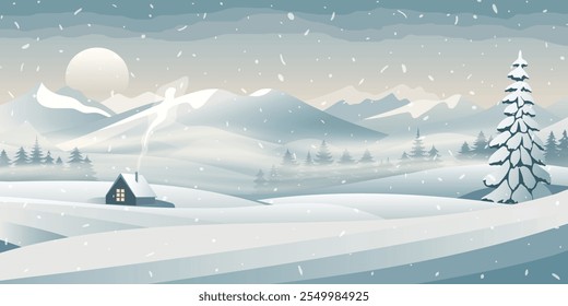 Winterferienlandschaft, Cartoon Natur, Hütte und Schneefall, untergehende Sonne, Vektorgrafik