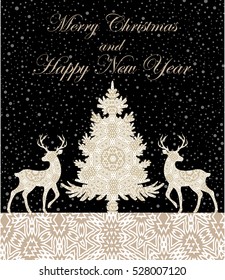 Holiday winter landscape. Winter christmas background with  tree. Merry Christmas handdraw style . Silhouettes of deer in a winter landscape. Vector illustration