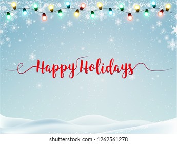 Holiday winter landscape. Christmas, Snowy background with light garlands, falling snow, snowflakes, snowdrift for winter and new year holidays Vector.